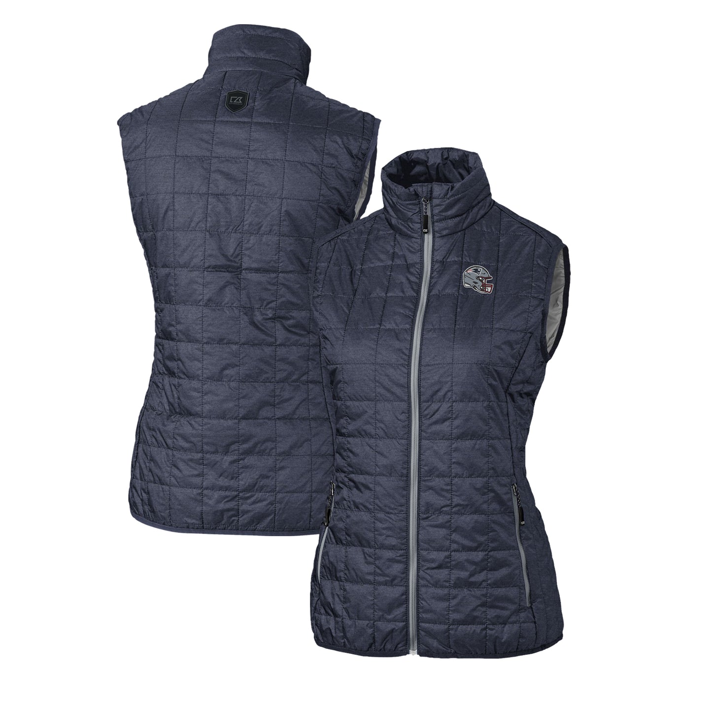 Women's Cutter & Buck  Heather Navy New England Patriots Helmet Logo Rainier PrimaLoft Eco Insulated Full-Zip Puffer Vest