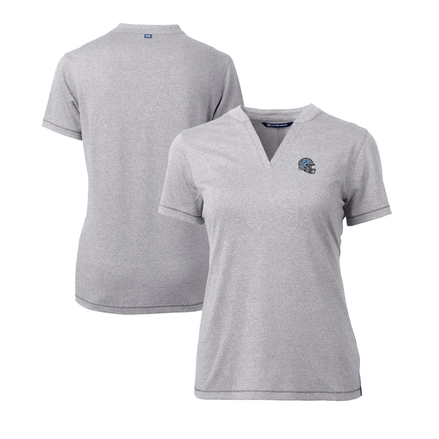 Women's Cutter & Buck  Heather Gray Detroit Lions Helmet Logo DryTec Forge Stretch V-Neck Blade Top