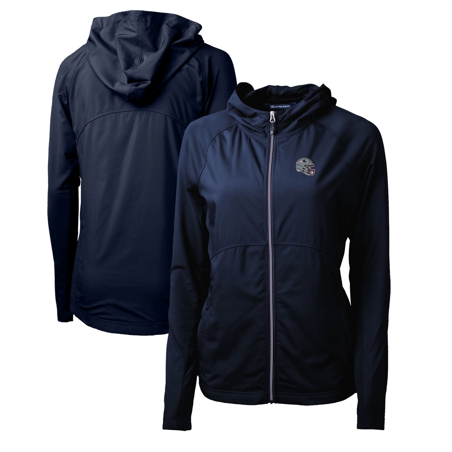 Women's Cutter & Buck  Navy New England Patriots Helmet Logo Adapt Eco Knit Hybrid Recycled Full-Zip Hoodie