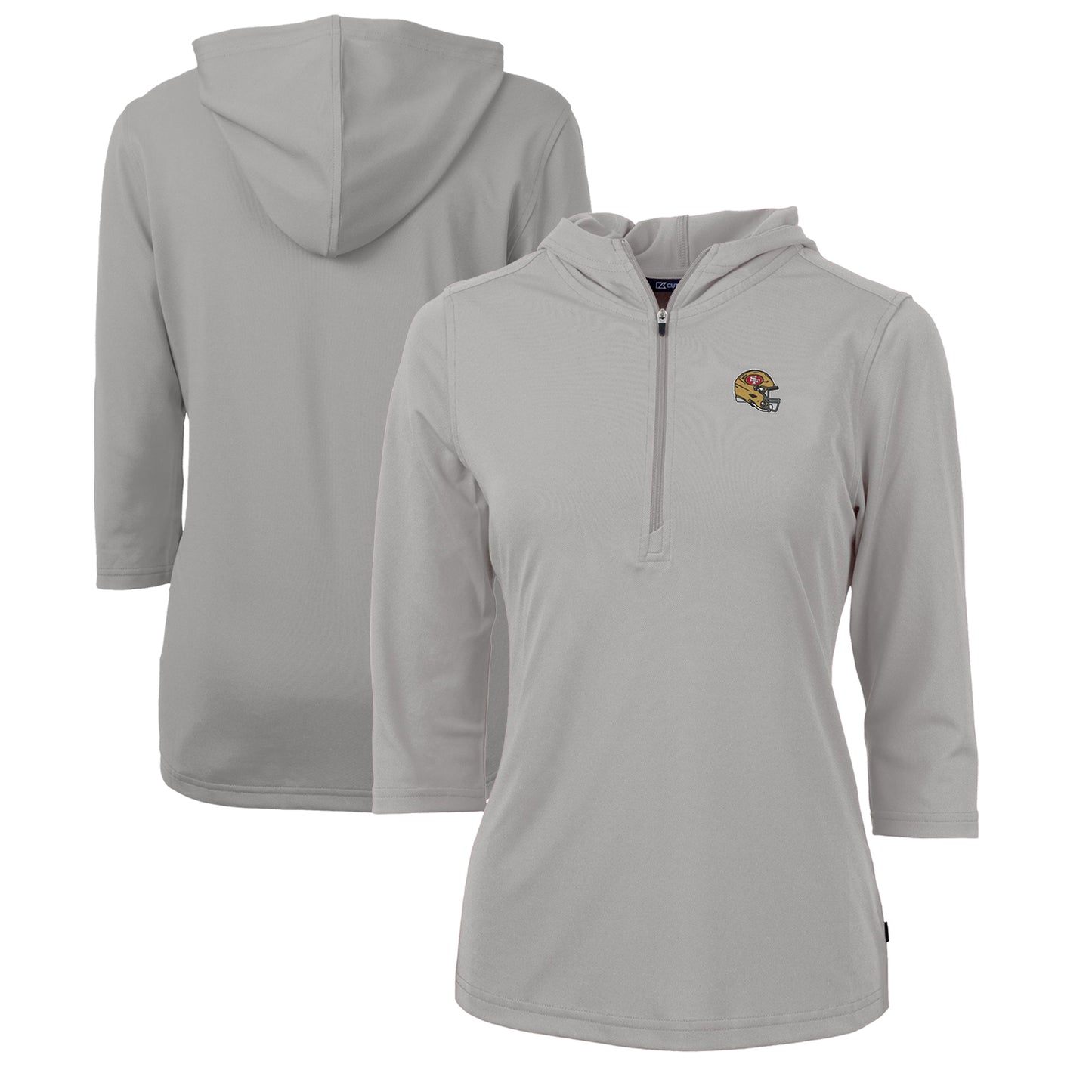 Women's Cutter & Buck  Heather Gray San Francisco 49ers Helmet Logo DryTec Virtue Eco Pique Recycled 3/4-Sleeve Half-Zip Pullover Hoodie