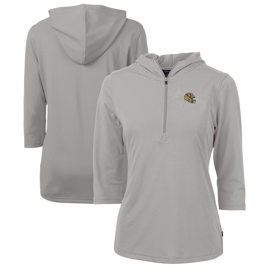 Women's Cutter & Buck  Heather Gray San Francisco 49ers Helmet Logo DryTec Virtue Eco Pique Recycled 3/4-Sleeve Half-Zip Pullover Hoodie