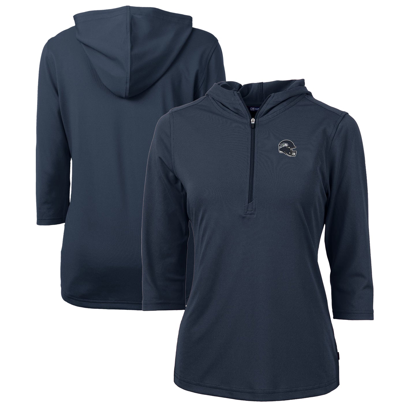 Women's Cutter & Buck College Navy Seattle Seahawks Helmet Logo DryTec Virtue Eco Pique Recycled 3/4-Sleeve Half-Zip Pullover Hoodie