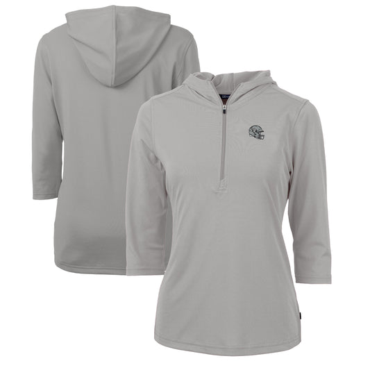 Women's Cutter & Buck  Heather Gray Las Vegas Raiders Helmet Logo DryTec Virtue Eco Pique Recycled 3/4-Sleeve Half-Zip Pullover Hoodie