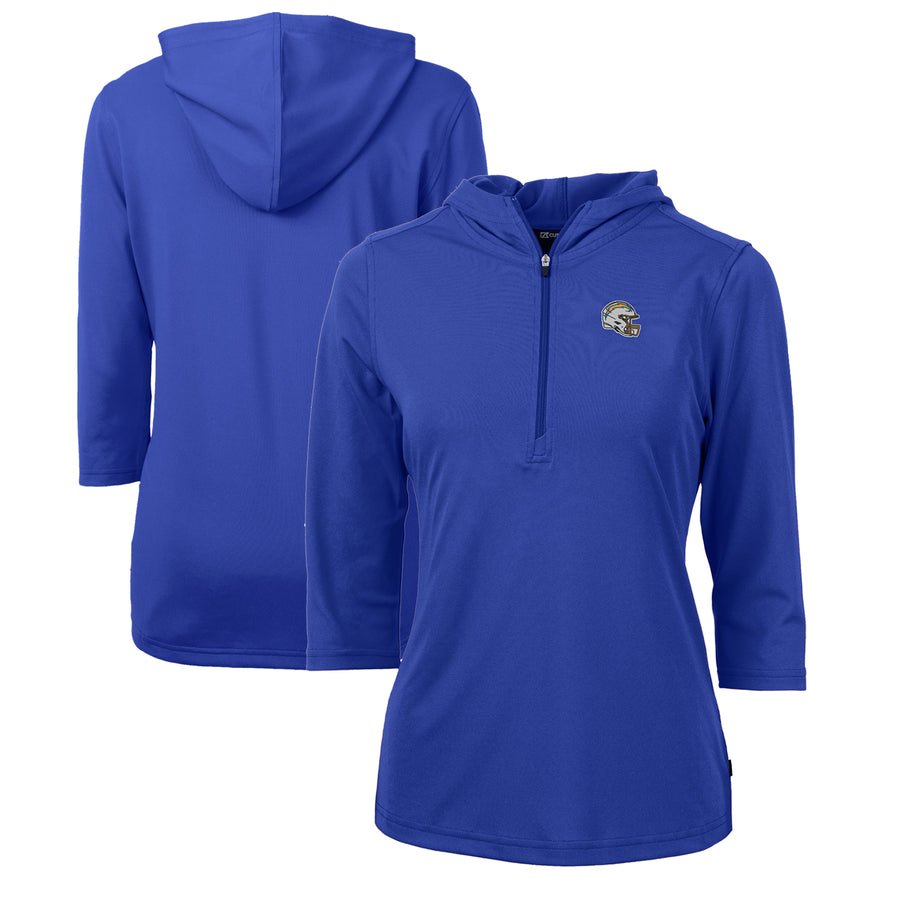 Women's Cutter & Buck Royal Los Angeles Chargers Helmet Logo DryTec Virtue Eco Pique Recycled 3/4-Sleeve Half-Zip Pullover Hoodie