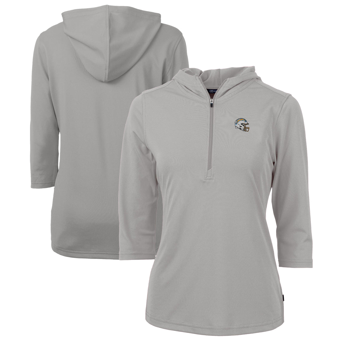 Women's Cutter & Buck  Heather Gray Los Angeles Chargers Helmet Logo DryTec Virtue Eco Pique Recycled 3/4-Sleeve Half-Zip Pullover Hoodie