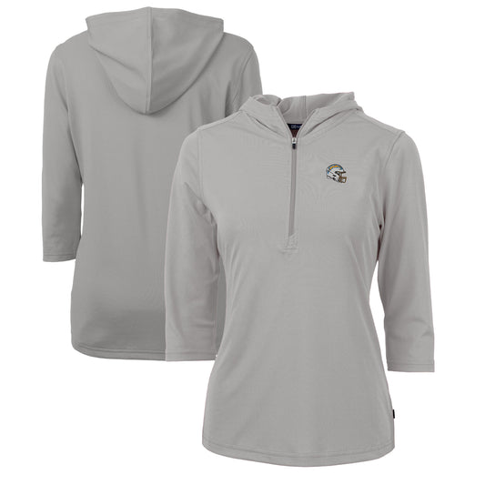 Women's Cutter & Buck  Heather Gray Los Angeles Chargers Helmet Logo DryTec Virtue Eco Pique Recycled 3/4-Sleeve Half-Zip Pullover Hoodie