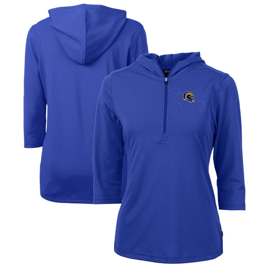 Women's Cutter & Buck Royal Los Angeles Rams Helmet Logo DryTec Virtue Eco Pique Recycled 3/4-Sleeve Half-Zip Pullover Hoodie