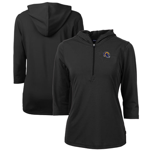 Women's Cutter & Buck  Black Los Angeles Rams Helmet Logo DryTec Virtue Eco Pique Recycled 3/4-Sleeve Half-Zip Pullover Hoodie