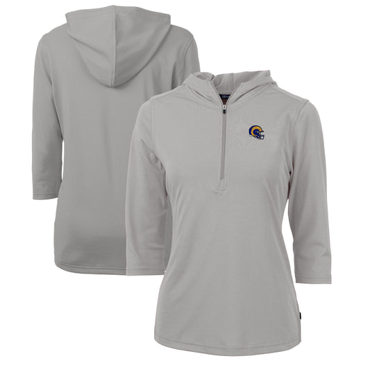 Women's Cutter & Buck  Heather Gray Los Angeles Rams Helmet Logo DryTec Virtue Eco Pique Recycled 3/4-Sleeve Half-Zip Pullover Hoodie