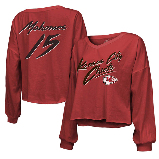 Women's Majestic Threads Patrick Mahomes Red Kansas City Chiefs Name & Number Off-Shoulder Script Cropped Long Sleeve V-Neck T-Shirt