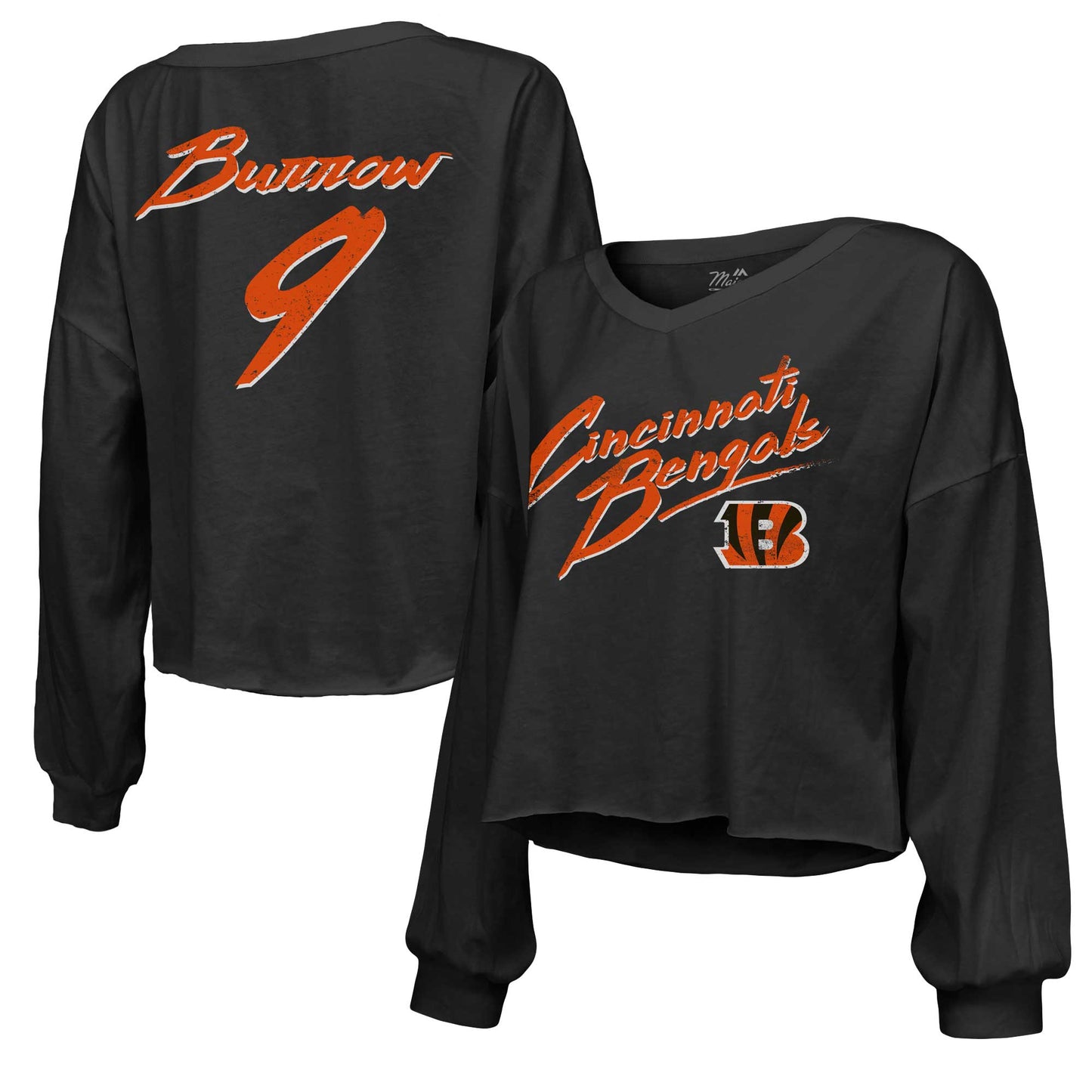 Women's Majestic Threads Joe Burrow Black Cincinnati Bengals Name & Number Off-Shoulder Script Cropped Long Sleeve V-Neck T-Shirt