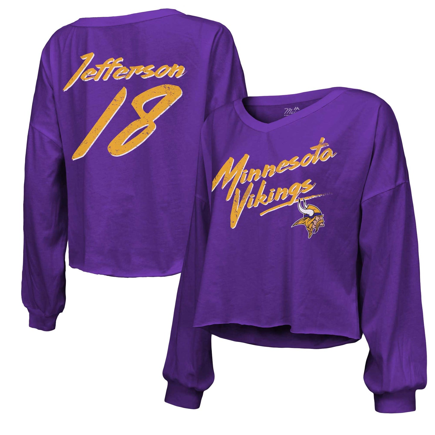 Women's Majestic Threads Justin Jefferson Purple Minnesota Vikings Name & Number Off-Shoulder Script Cropped Long Sleeve V-Neck T-Shirt