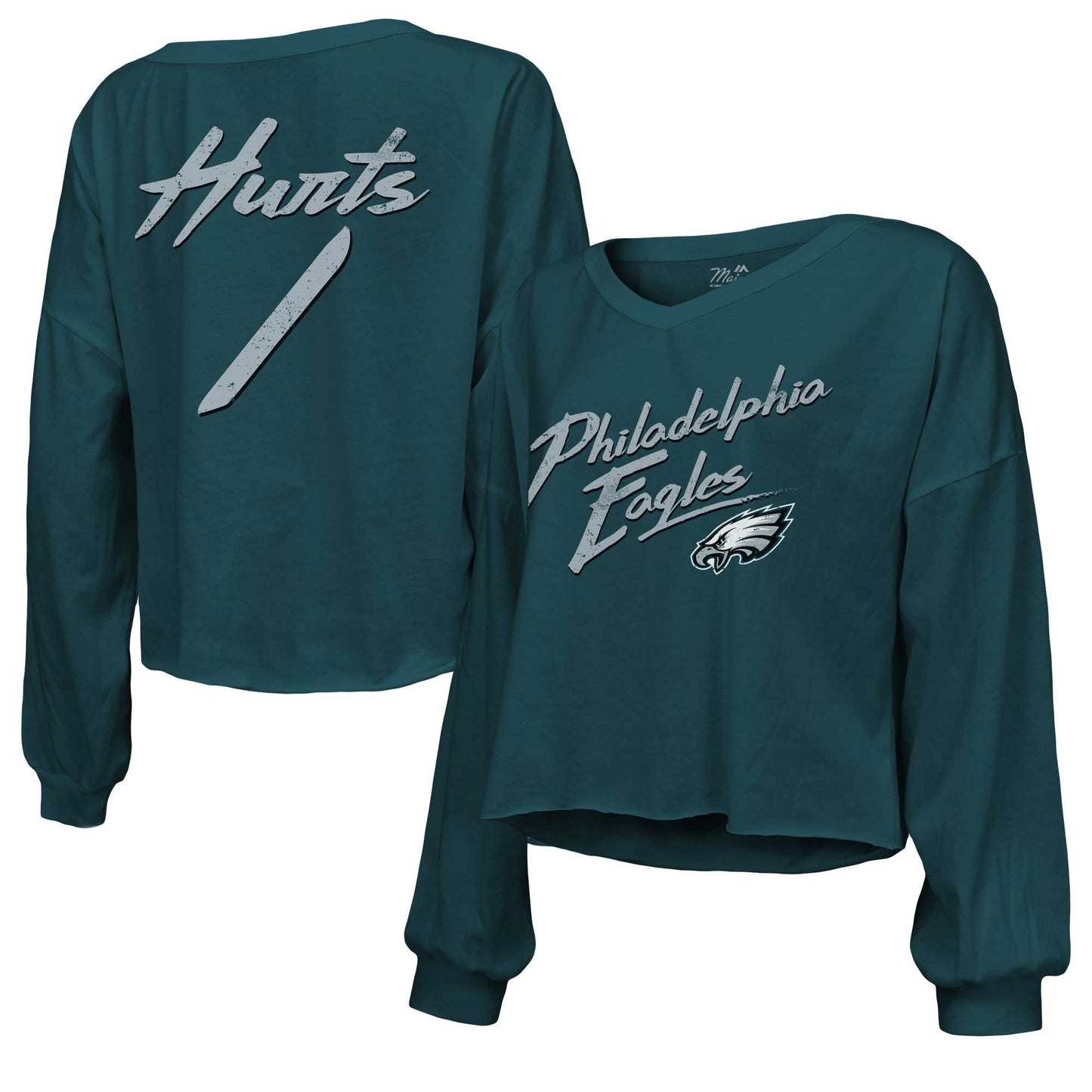 Women's Majestic Threads Jalen Hurts Midnight Green Philadelphia Eagles Name & Number Off-Shoulder Script Cropped Long Sleeve V-Neck T-Shirt