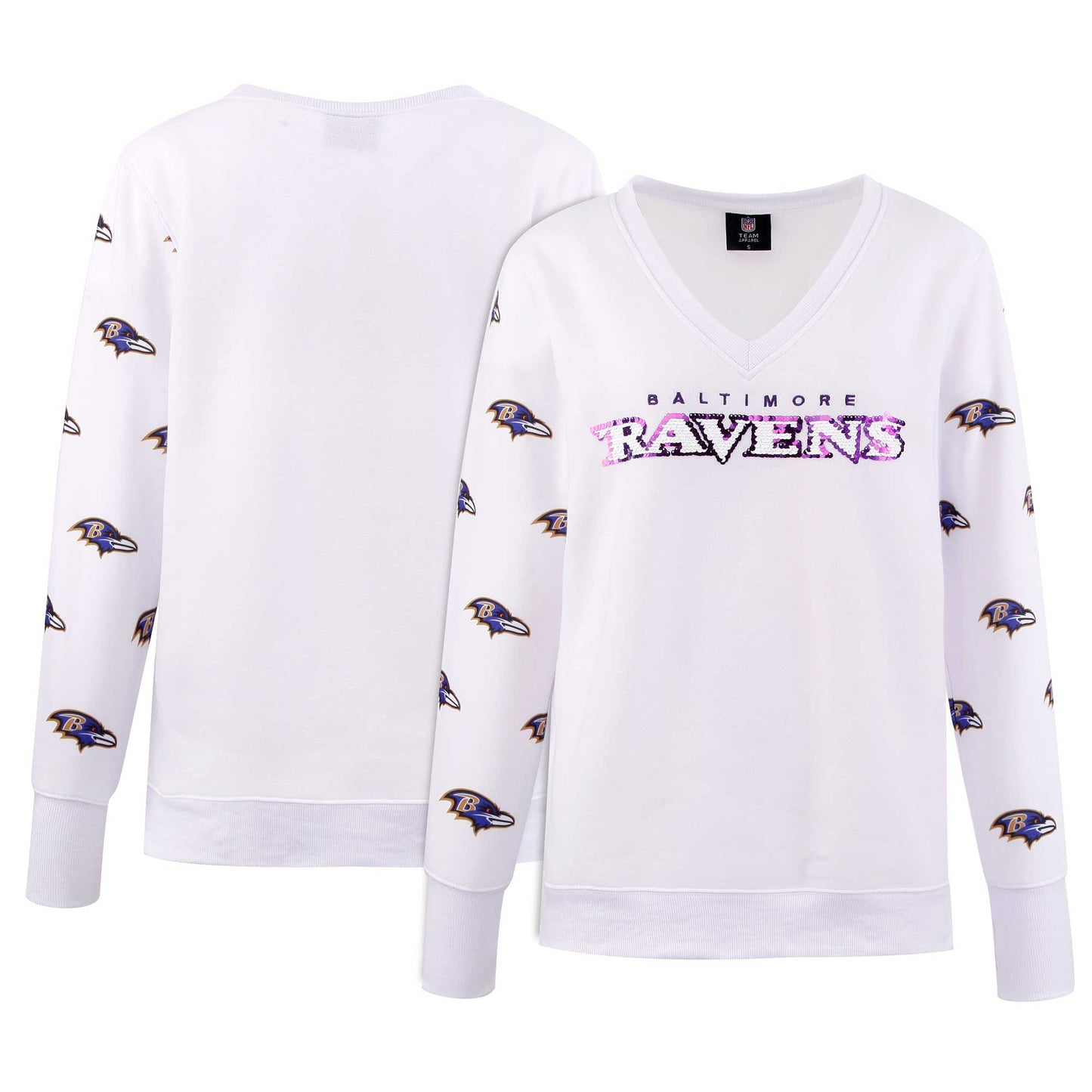 Women's Cuce White Baltimore Ravens Sequin Fleece V-Neck T-Shirt