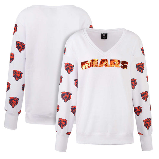 Women's Cuce White Chicago Bears Sequin Fleece V-Neck T-Shirt