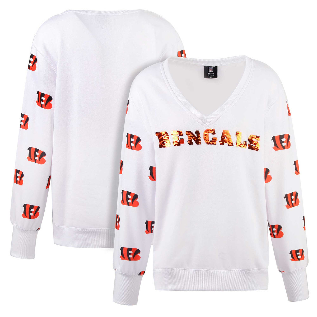 Women's Cuce White Cincinnati Bengals Sequin Fleece V-Neck T-Shirt