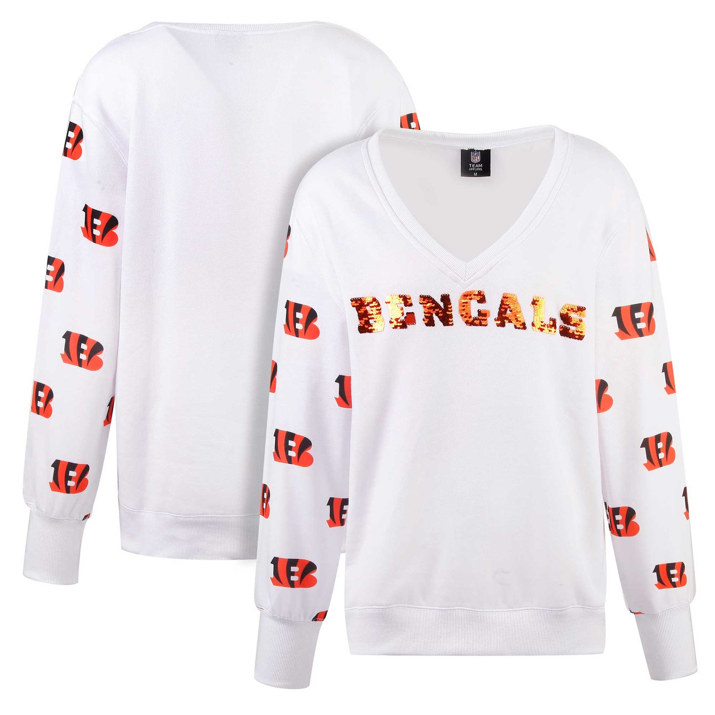 Women's Cuce White Cincinnati Bengals Sequin Fleece V-Neck T-Shirt