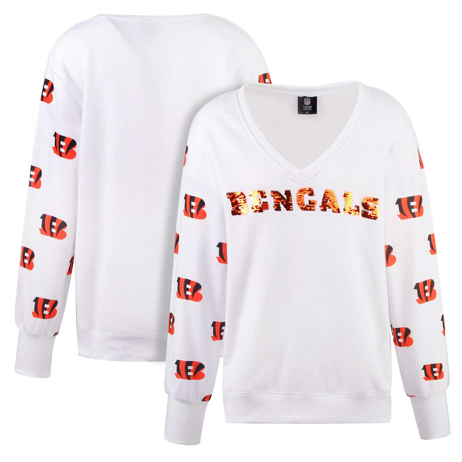 Women's Cuce White Cincinnati Bengals Sequin Fleece V-Neck T-Shirt
