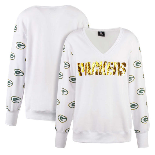 Women's Cuce White Green Bay Packers Sequin Fleece V-Neck T-Shirt