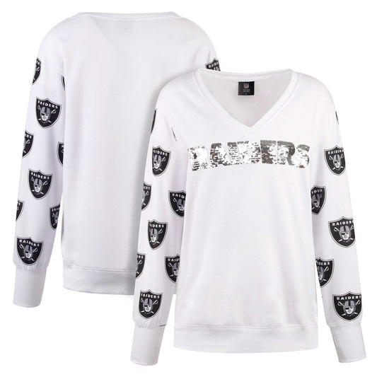 Women's Cuce White Las Vegas Raiders Sequin Fleece V-Neck T-Shirt