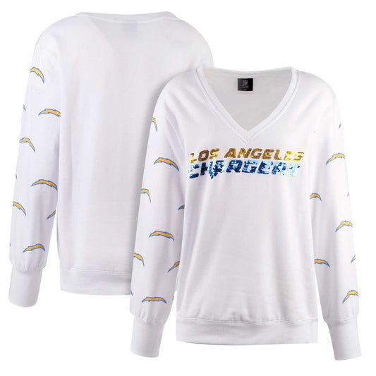 Women's Cuce White Los Angeles Chargers Sequin Fleece V-Neck T-Shirt