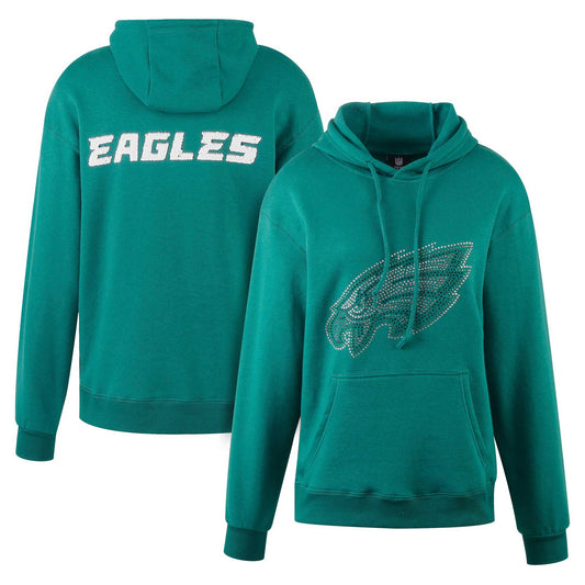 Women's Cuce Green Philadelphia Eagles Rhinestone Logo Wordmark Pullover Hoodie