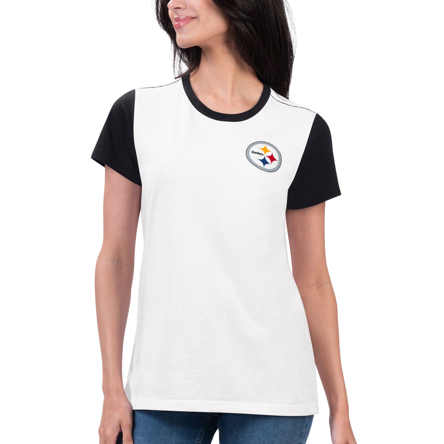 Women's G-III 4Her by Carl Banks White/Black Pittsburgh Steelers Fashion Illustration T-Shirt