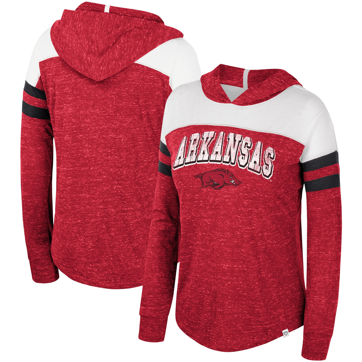 Women's Colosseum Cardinal Arkansas Razorbacks Speckled Color Block Long Sleeve Hooded T-Shirt