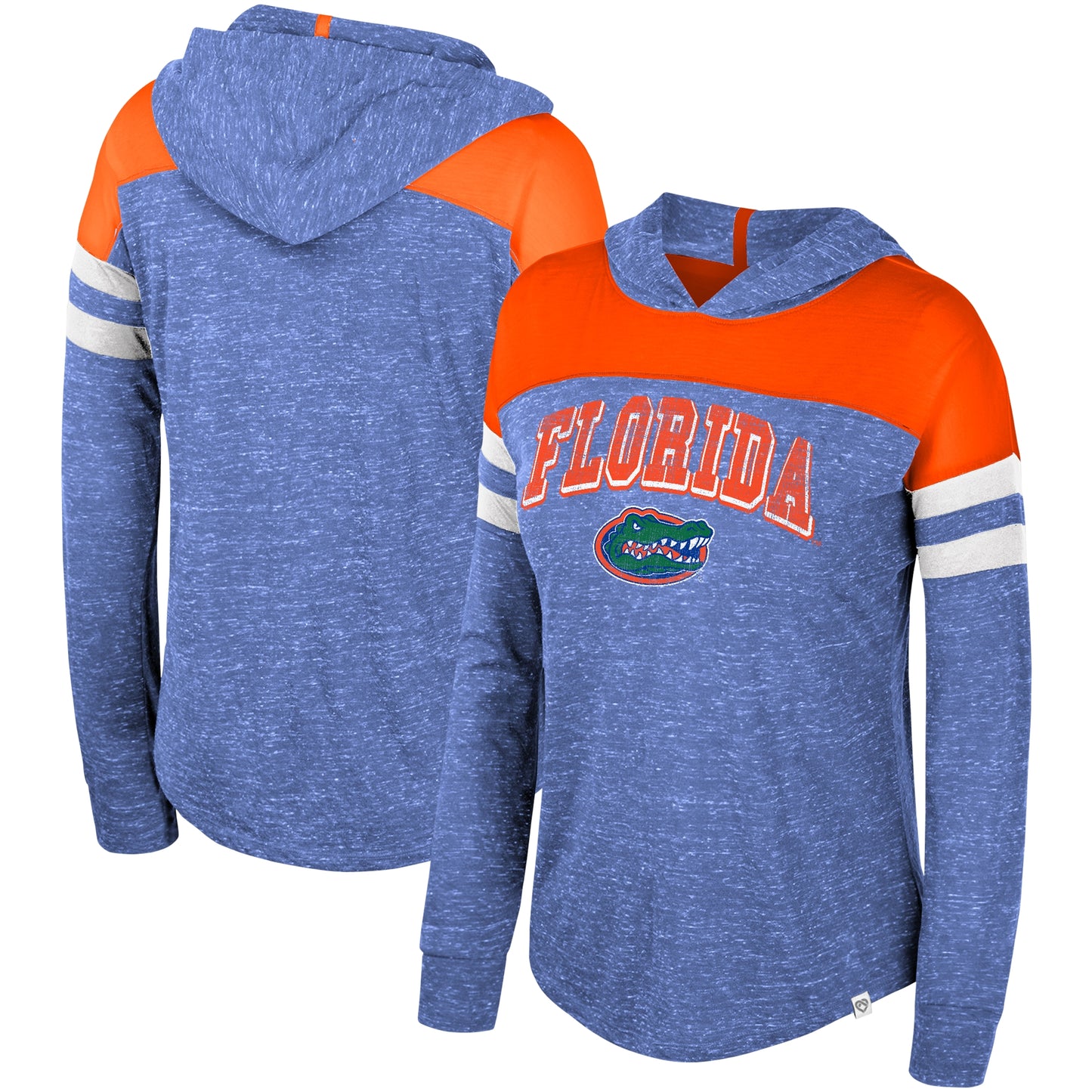 Women's Colosseum Royal Florida Gators Speckled Color Block Long Sleeve Hooded T-Shirt