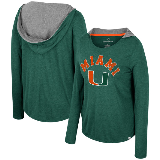 Women's Colosseum  Green Miami Hurricanes Distressed Heather Long Sleeve Hoodie T-Shirt