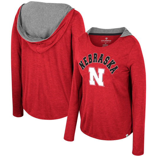Women's Colosseum  Scarlet Nebraska Huskers Distressed Heather Long Sleeve Hoodie T-Shirt