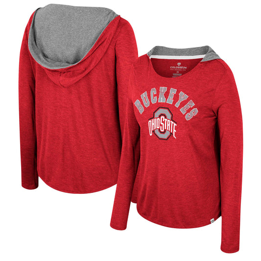 Women's Colosseum  Scarlet Ohio State Buckeyes Distressed Heather Long Sleeve Hoodie T-Shirt