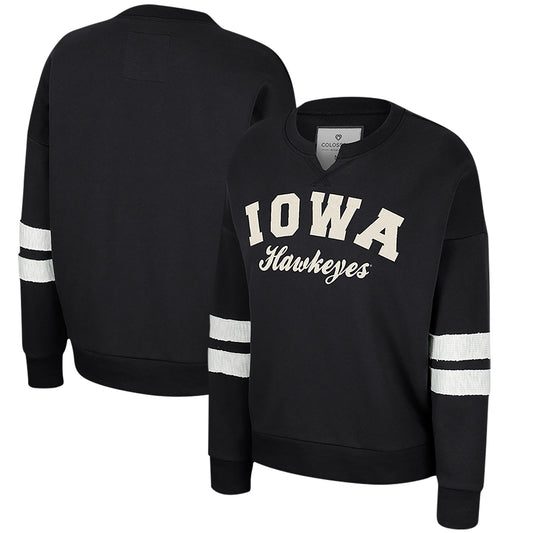 Women's Colosseum Black Iowa Hawkeyes Perfect Date Notch Neck Pullover Sweatshirt