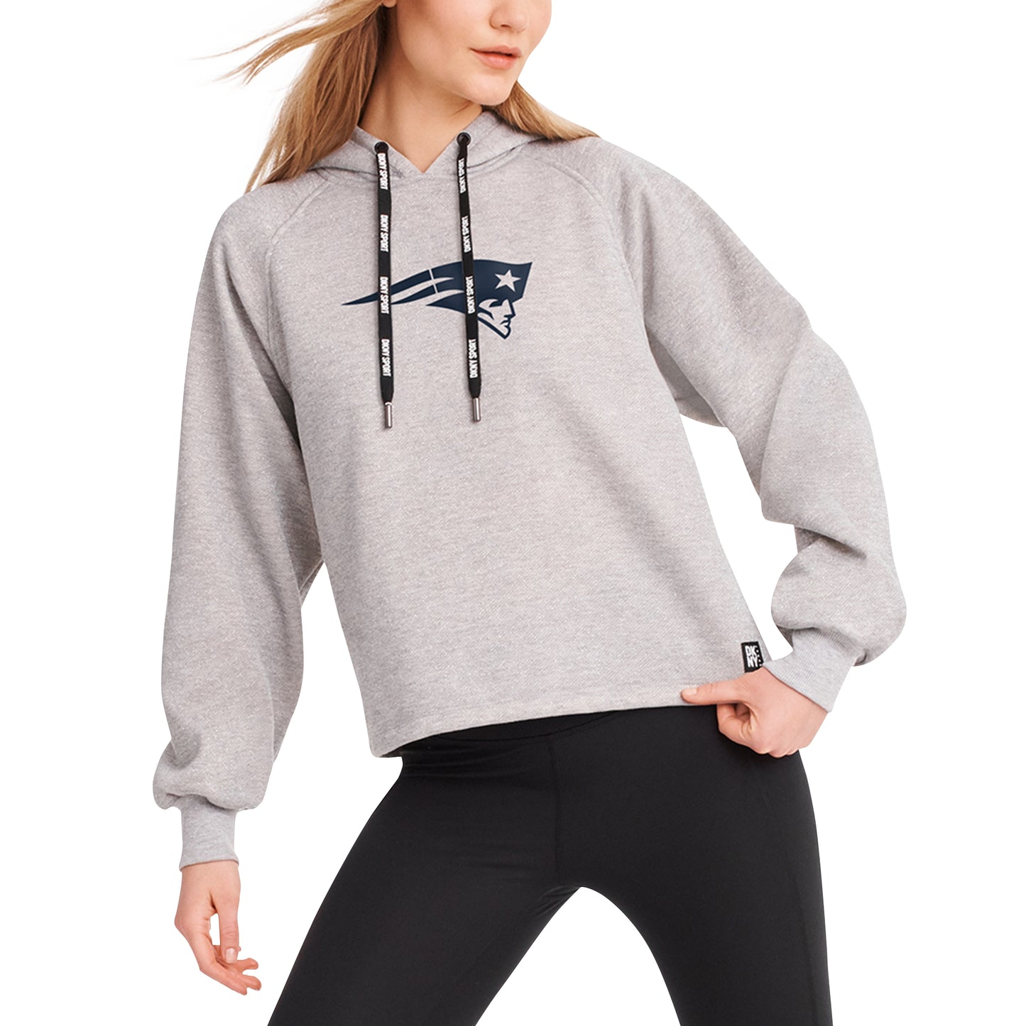 Women's DKNY Sport Heather Gray New England Patriots Debbie Dolman Raglan Pullover Hoodie