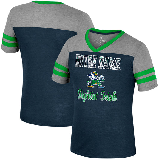 Girls Youth Colosseum Navy/Heather Gray Notre Dame Fighting Irish Summer Striped V-Neck T-Shirt