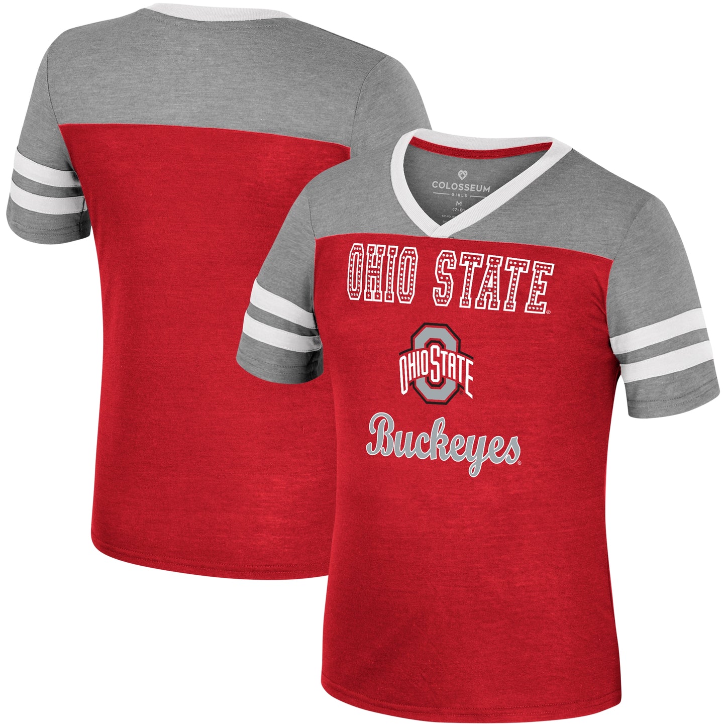 Girls Youth Colosseum Scarlet/Heather Gray Ohio State Buckeyes Summer Striped V-Neck T-Shirt