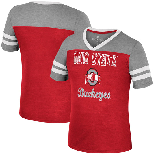 Girls Youth Colosseum Scarlet/Heather Gray Ohio State Buckeyes Summer Striped V-Neck T-Shirt