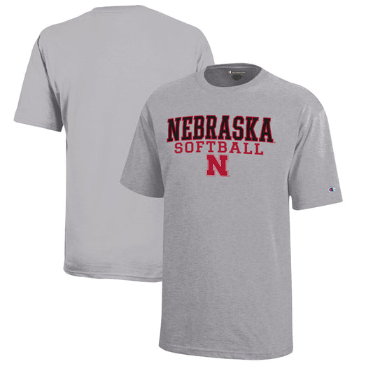 Youth Champion  Gray Nebraska Huskers Stacked Logo Softball T-Shirt