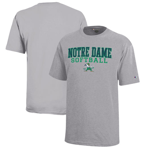 Youth Champion  Gray Notre Dame Fighting Irish Stacked Logo Softball T-Shirt