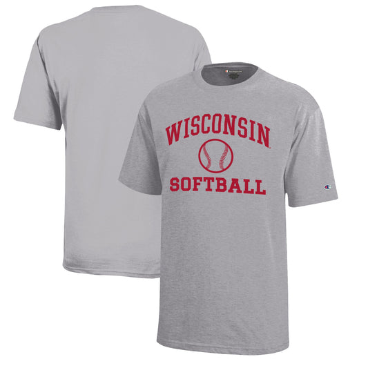 Youth Champion  Gray Wisconsin Badgers Icon Logo Softball T-Shirt