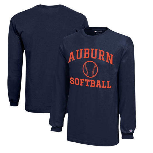 Youth Champion  Navy Auburn Tigers Icon Logo Long Sleeve Softball T-Shirt