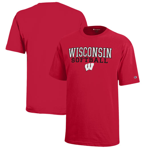 Youth Champion  Red Wisconsin Badgers Stacked Logo Softball T-Shirt