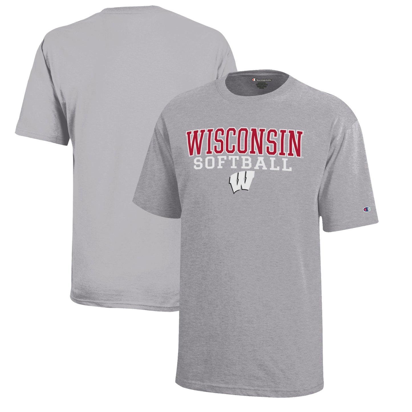 Youth Champion  Gray Wisconsin Badgers Stacked Logo Softball T-Shirt