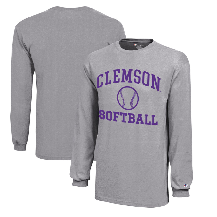 Youth Champion  Gray Clemson Tigers Icon Logo Long Sleeve Softball T-Shirt