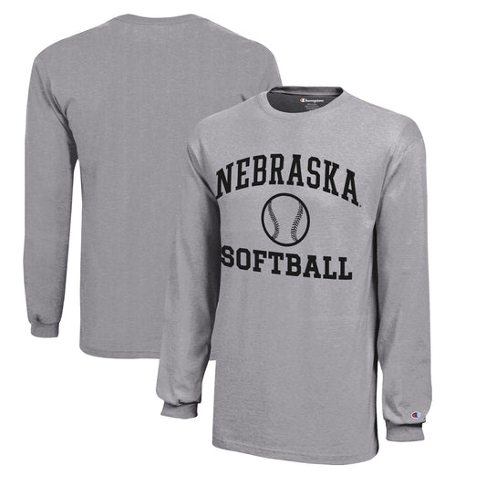 Youth Champion  Gray Nebraska Huskers Icon Logo Long Sleeve Softball T-Shirt