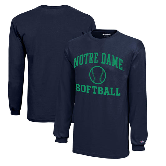 Youth Champion  Navy Notre Dame Fighting Irish Icon Logo Long Sleeve Softball T-Shirt