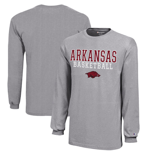 Youth Champion  Gray Arkansas Razorbacks Stacked Logo Long Sleeve Basketball T-Shirt