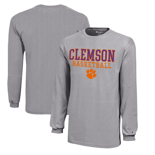 Youth Champion  Gray Clemson Tigers Stacked Logo Long Sleeve Basketball T-Shirt