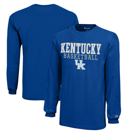 Youth Champion  Royal Kentucky Wildcats Stacked Logo Long Sleeve Basketball T-Shirt