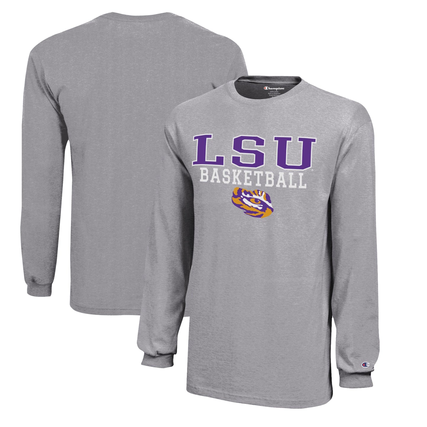 Youth Champion  Gray LSU Tigers Stacked Logo Long Sleeve Basketball T-Shirt